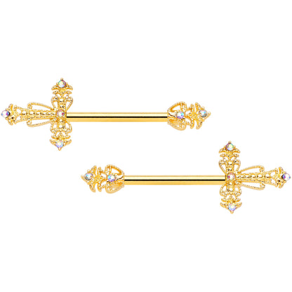 14 Gauge 9/16 Clear CZ Gem Gold Tone Scrolling Cross Nipple Ring Set