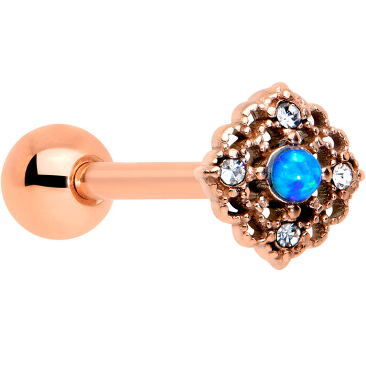 Blue Synthetic Opal Rose Gold Tone Lacy Barbell Tongue Ring