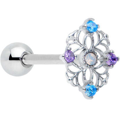 White Synthetic Opal Floral Web Barbell Tongue Ring