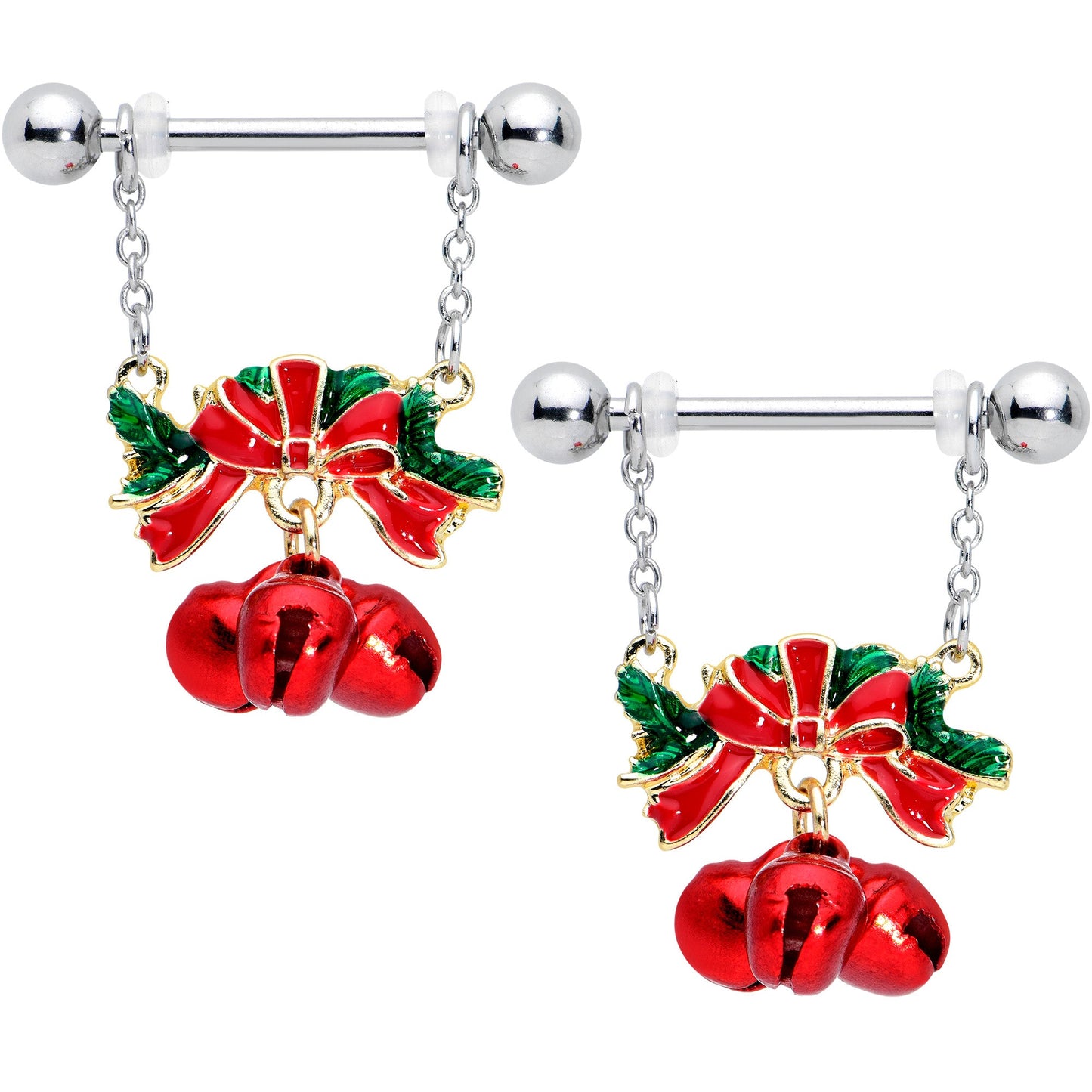 14 Gauge 9/16 Holiday Red Bells Christmas Chain Dangle Nipple Ring Set