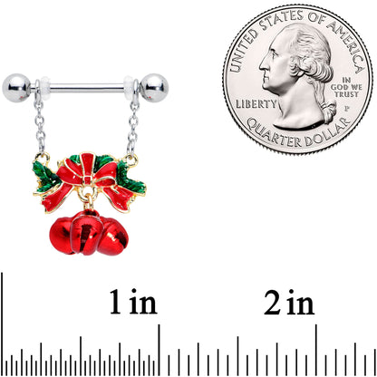 14 Gauge 9/16 Holiday Red Bells Christmas Chain Dangle Nipple Ring Set