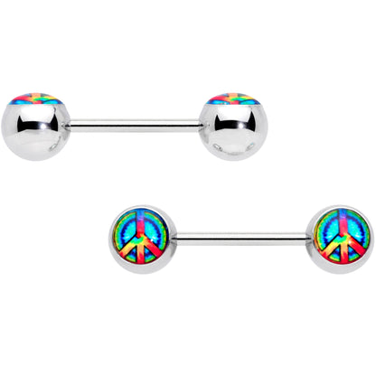 14 Gauge 9/16 Rainbow Tie Dye Peace Sign Barbell Nipple Ring Set