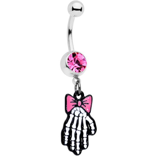 Pink Gem Skeleton Hand Bow Halloween Dangle Belly Ring