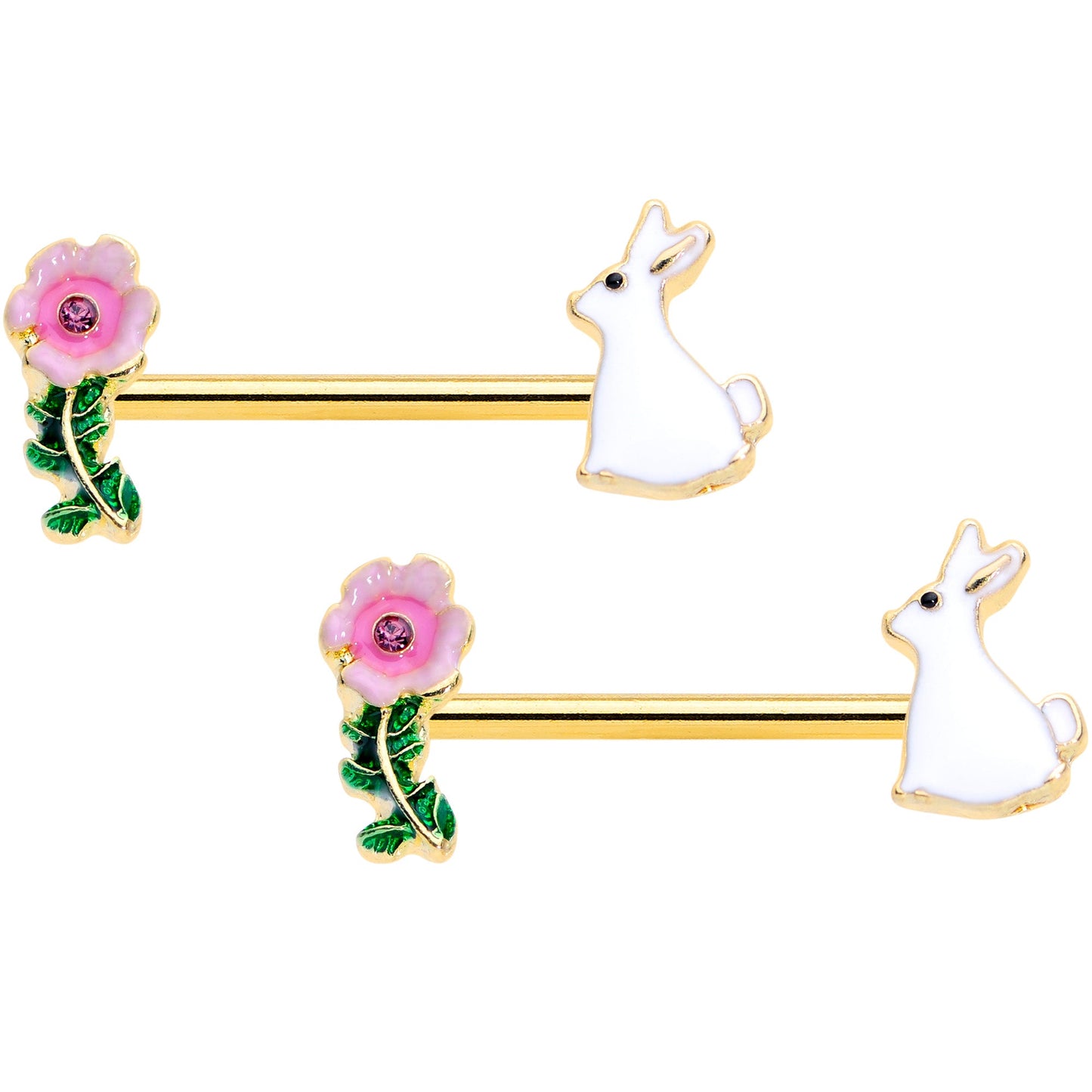 14 Gauge 9/16 Pink Gem Gold Tone Easter Bunny Flower Nipple Ring Set