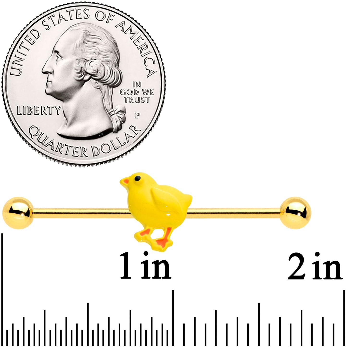 14 Gauge Gold Tone Yellow Easter Chick Industrial Barbell 38mm