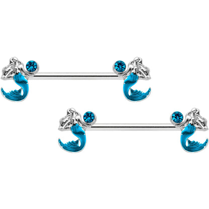 14 Gauge 9/16 Aqua Gem Blue Mermaid Barbell Nipple Ring Set