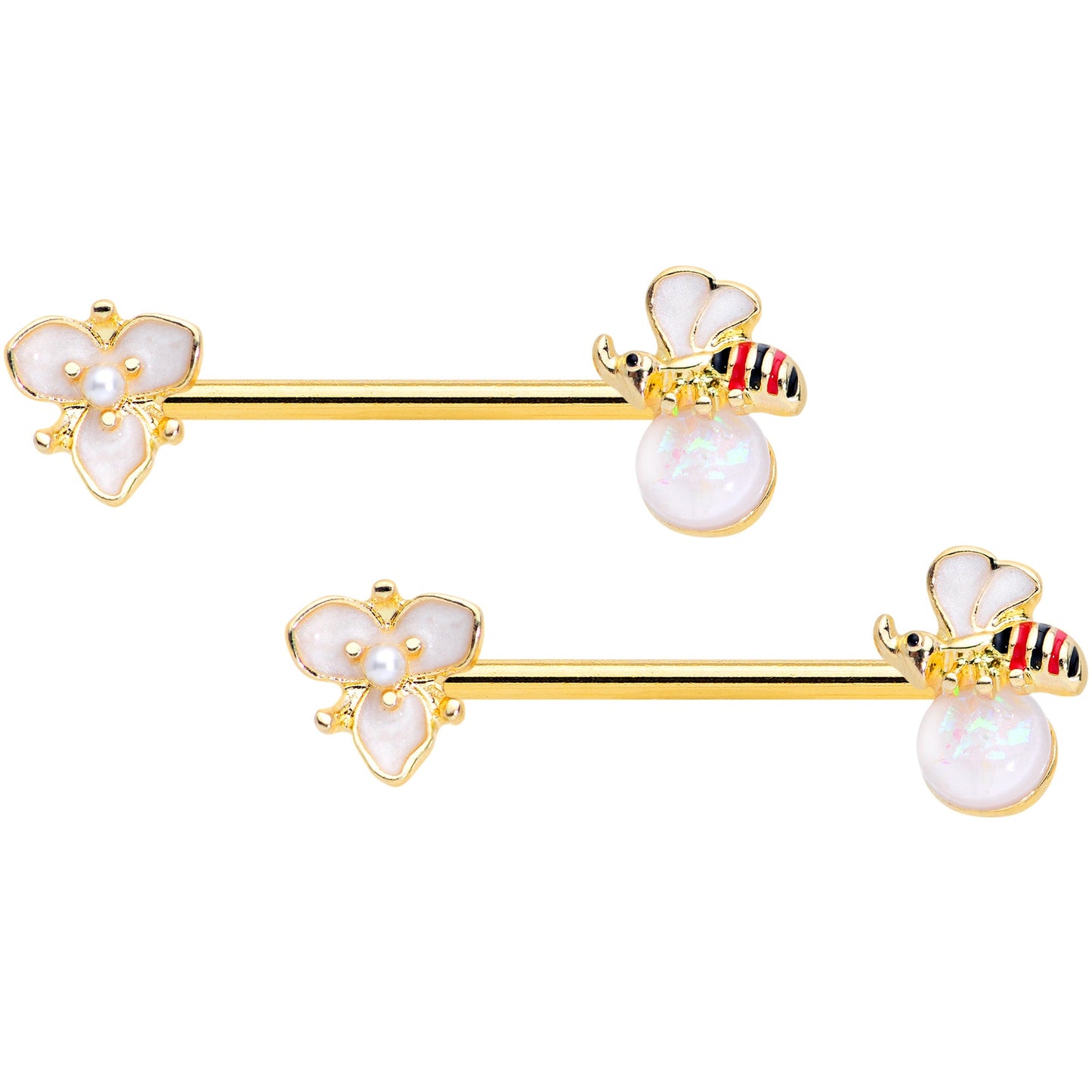 14 Gauge 9/16 White Faux Opal Gold Tone Insect Flower Nipple Ring Set