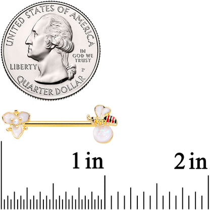 14 Gauge 9/16 White Faux Opal Gold Tone Insect Flower Nipple Ring Set