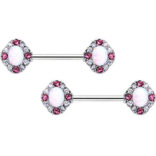 14 Gauge 9/16 White Synthetic Opal Glam Oval Barbell Nipple Ring Set