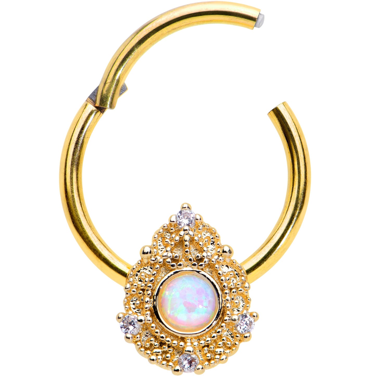 16 Gauge 3/8 White Synthetic Opal Gold Tone Elegant Hinged Segment Ring