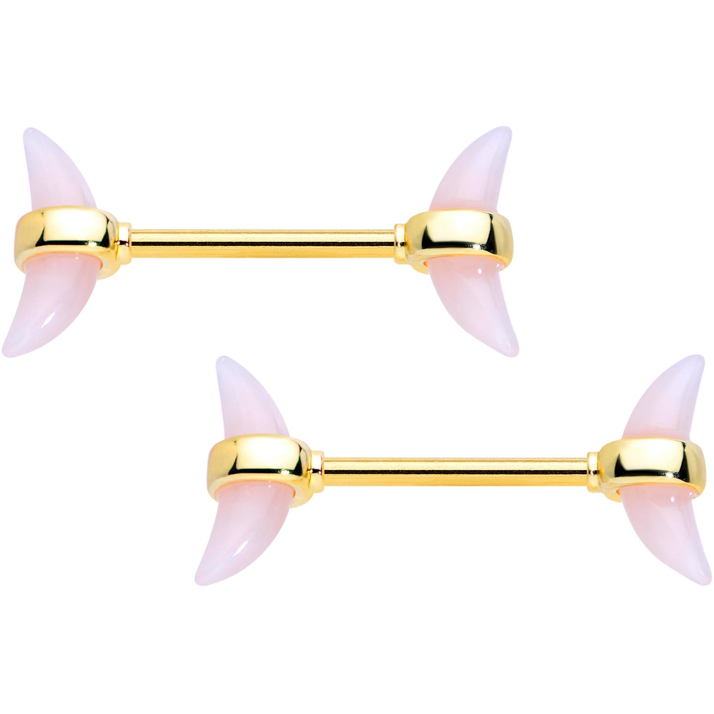 14 Gauge 9/16 Pink Gem Gold Tone Crescent Barbell Nipple Ring Set