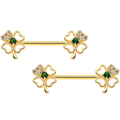 14 Gauge 9/16 Green Synthetic Opal Gold Tone Shamrock Nipple Ring Set