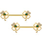 14 Gauge 9/16 Green Synthetic Opal Gold Tone Shamrock Nipple Ring Set