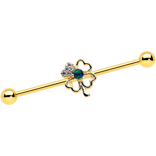 14 Gauge Green Synthetic Opal Gold Hue Shamrock Industrial Barbell 38mm