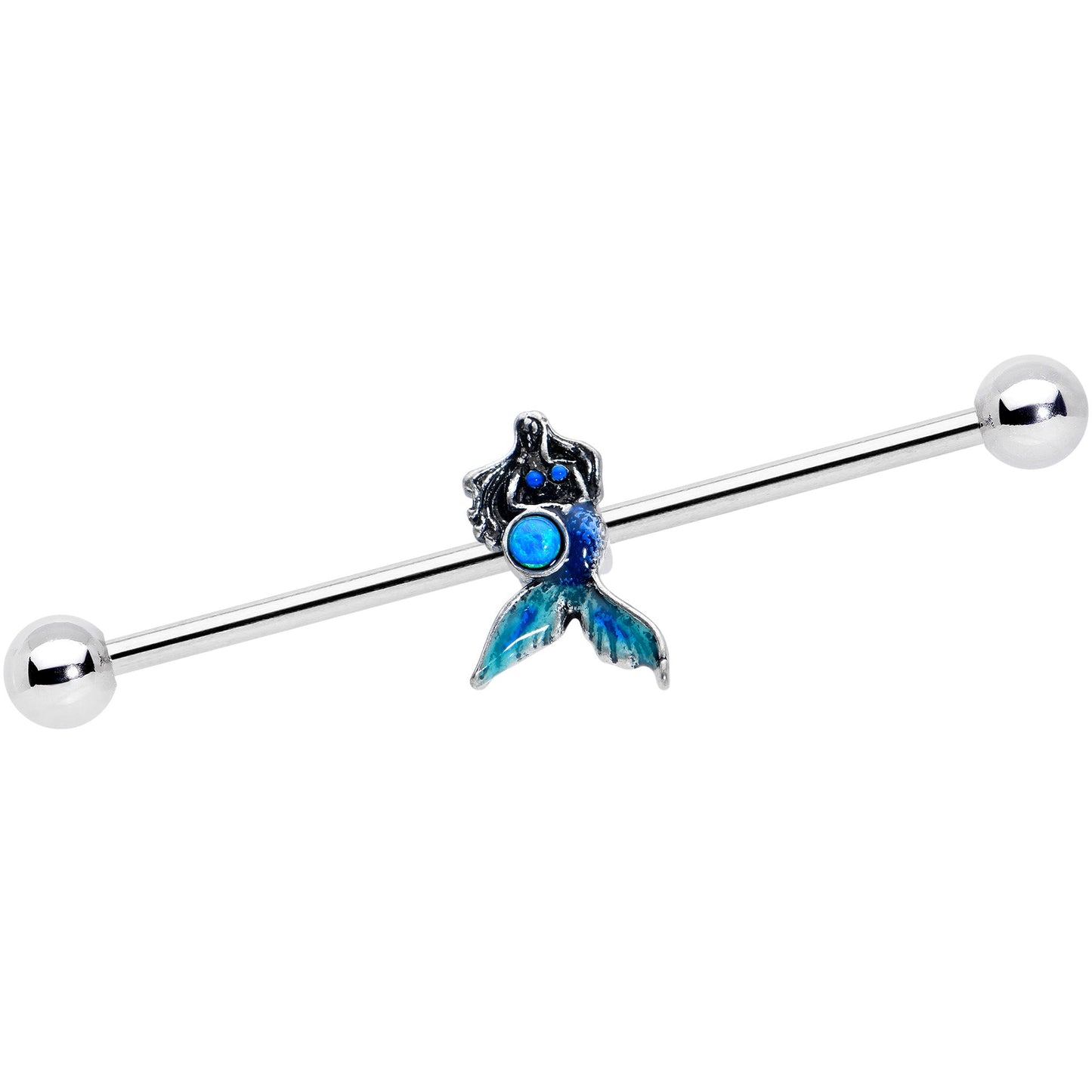 14 Gauge Blue Faux Opal Blue Tail Mermaid Industrial Barbell 38mm