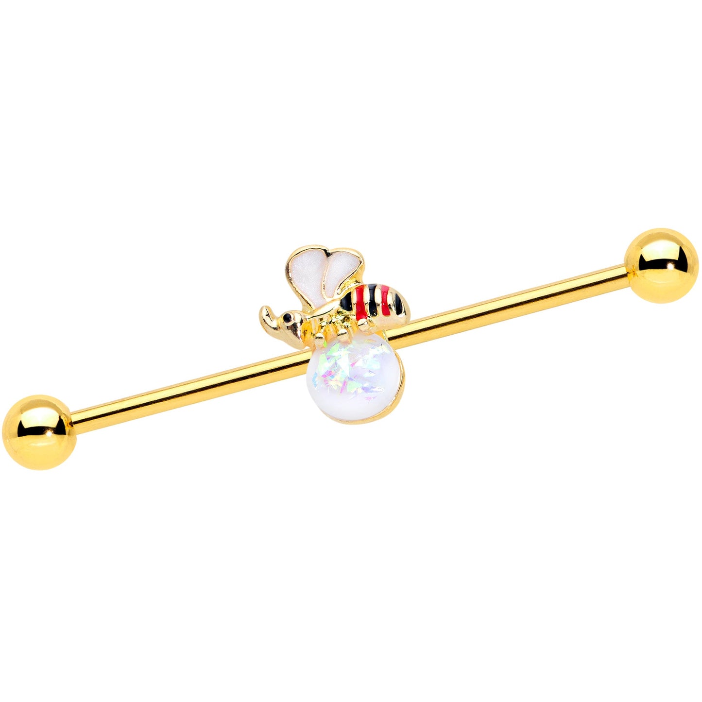 14 Gauge White Faux Opal Gold Tone Insect Industrial Barbell 38mm