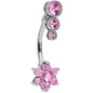 Pink CZ Gem Triple Drop Flower Belly Ring