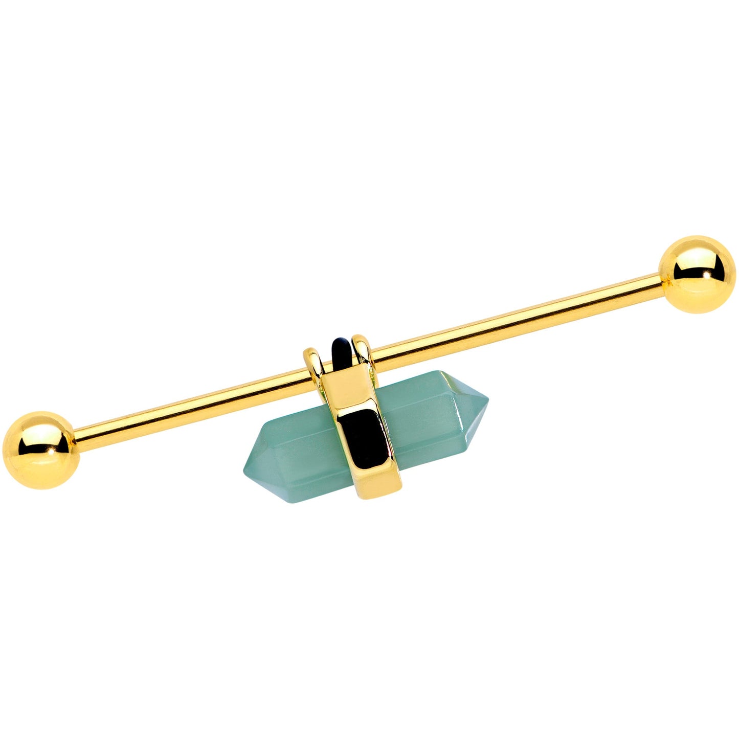 14 Gauge Gold Tone Green Gem Groovy Stone Hippie Industrial Barbell 38mm