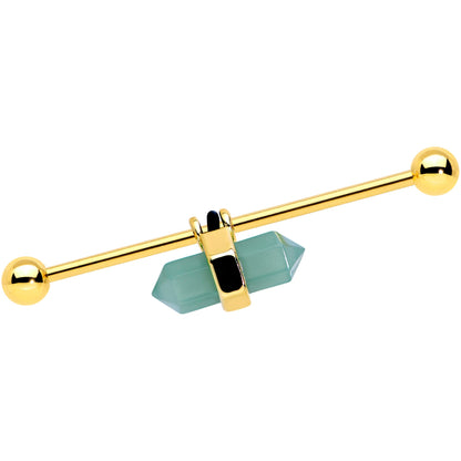 14 Gauge Gold Tone Green Gem Groovy Stone Hippie Industrial Barbell 38mm