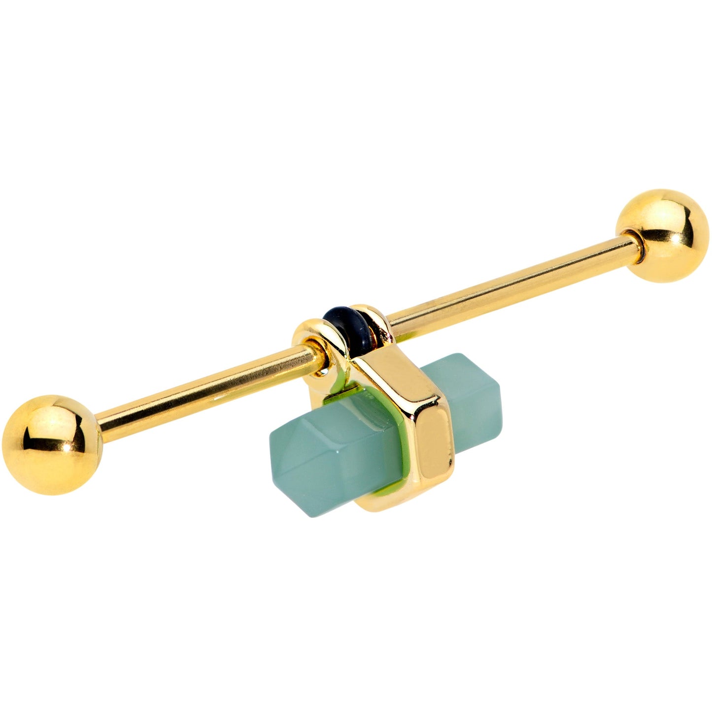 14 Gauge Gold Tone Green Gem Groovy Stone Hippie Industrial Barbell 38mm