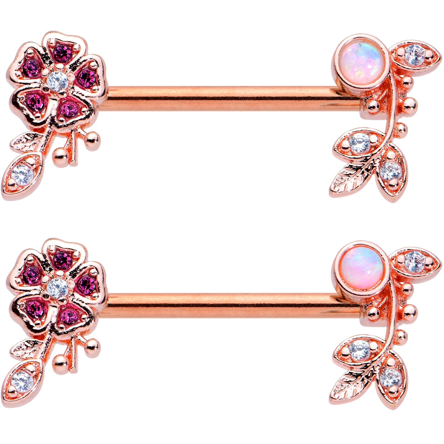 14 Gauge 9/16 White Synth Opal Rose Gold Hue Leaf Flower Nipple Ring Set