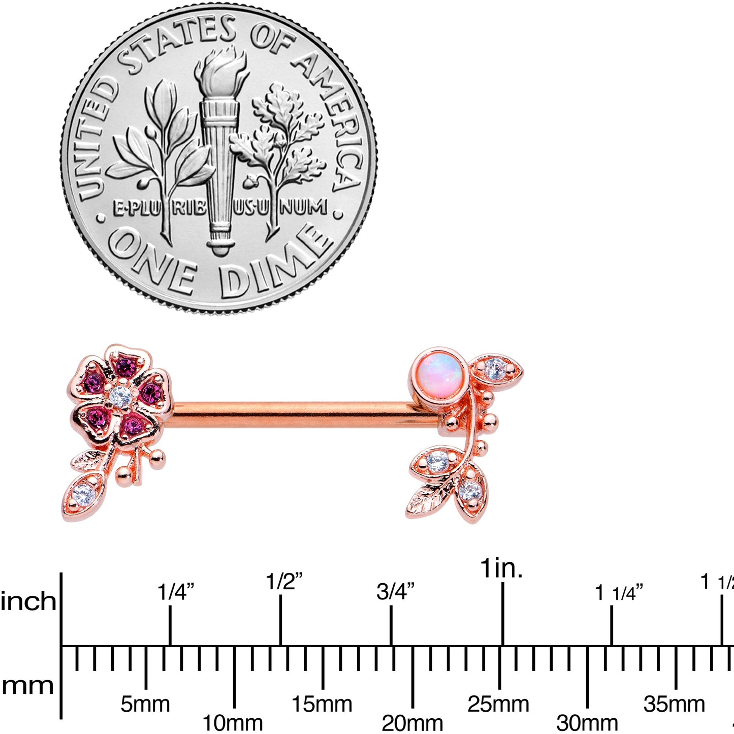 14 Gauge 9/16 White Synth Opal Rose Gold Hue Leaf Flower Nipple Ring Set