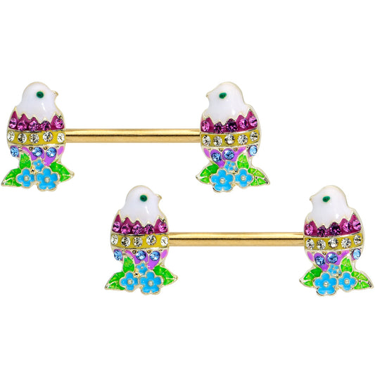 14 Gauge 9/16 Clear Blue Gem Gold Tone Easter Chick Nipple Ring Set