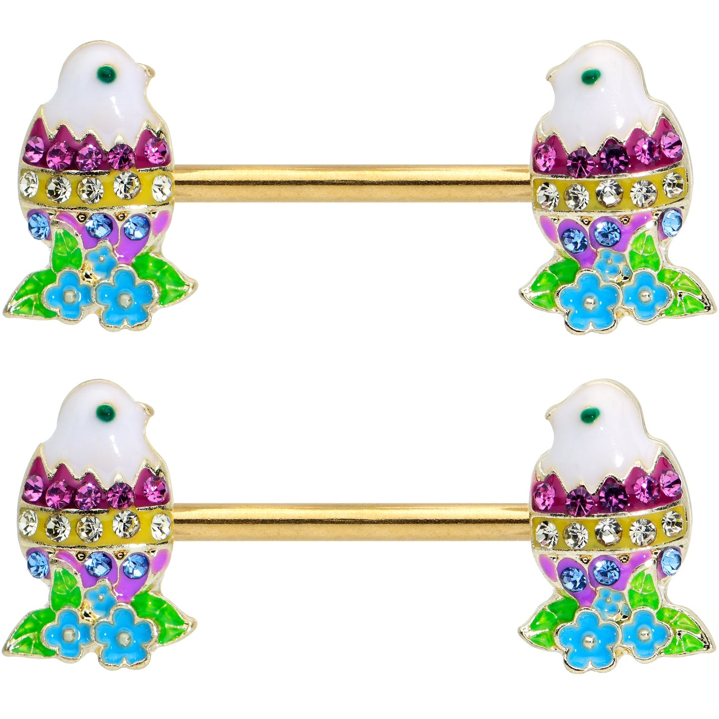 14 Gauge 9/16 Clear Blue Gem Gold Tone Easter Chick Nipple Ring Set