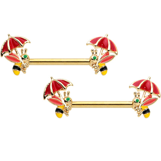 14 Gauge 9/16 Gold Tone Rainy Day Umbrella Bee Barbell Nipple Ring Set