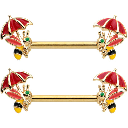 14 Gauge 9/16 Gold Tone Rainy Day Umbrella Bee Barbell Nipple Ring Set