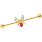 14 Gauge Clear Red Gem Gold Hue Lacy Butterfly Industrial Barbell 38mm