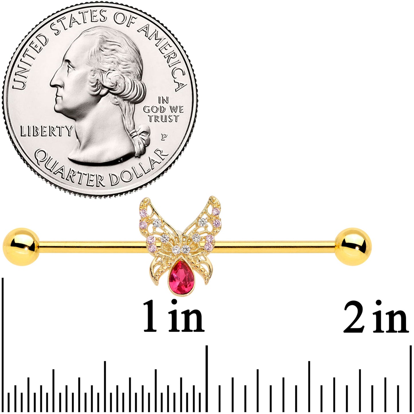 14 Gauge Clear Red Gem Gold Hue Lacy Butterfly Industrial Barbell 38mm