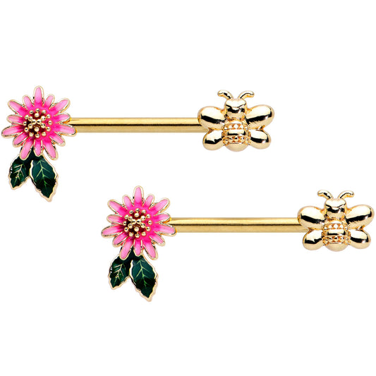 14 Gauge 1/2 Gold Tone Pink Flower Bee Barbell Nipple Ring Set