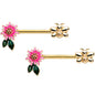 14 Gauge 1/2 Gold Tone Pink Flower Bee Barbell Nipple Ring Set