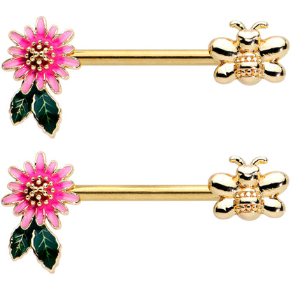 14 Gauge 1/2 Gold Tone Pink Flower Bee Barbell Nipple Ring Set