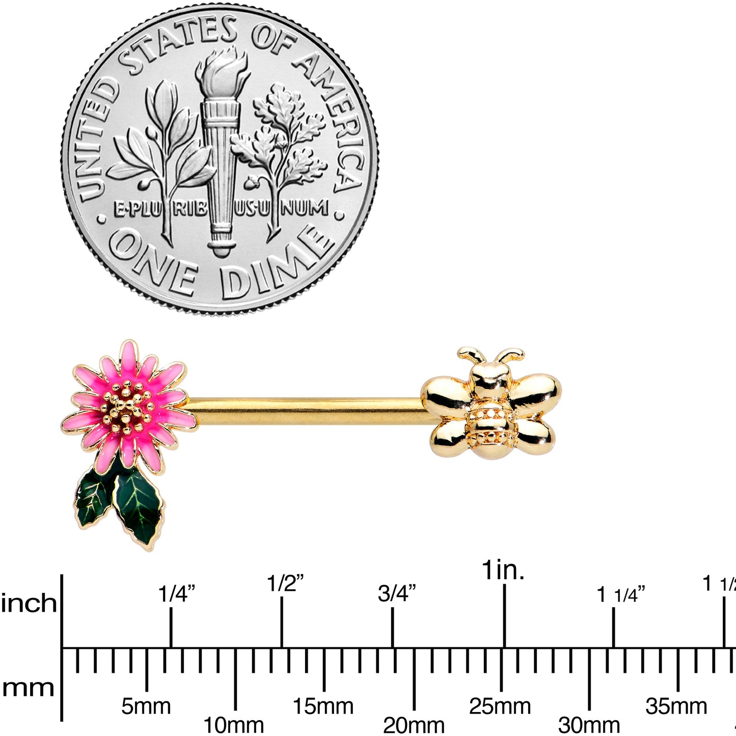 14 Gauge 1/2 Gold Tone Pink Flower Bee Barbell Nipple Ring Set