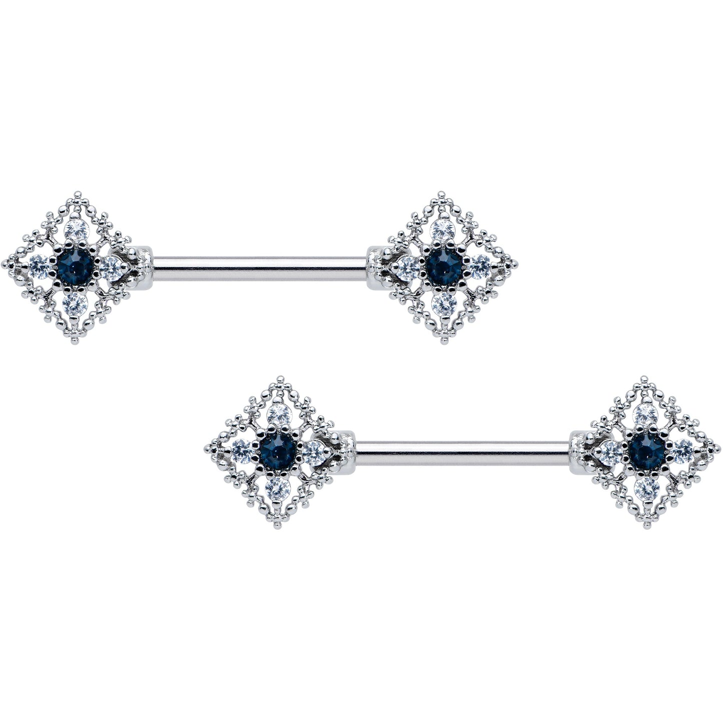 14 Gauge 9/16 Clear Blue Gem Textured Rhombus Cross Nipple Ring Set