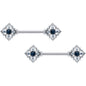 14 Gauge 9/16 Clear Blue Gem Textured Rhombus Cross Nipple Ring Set