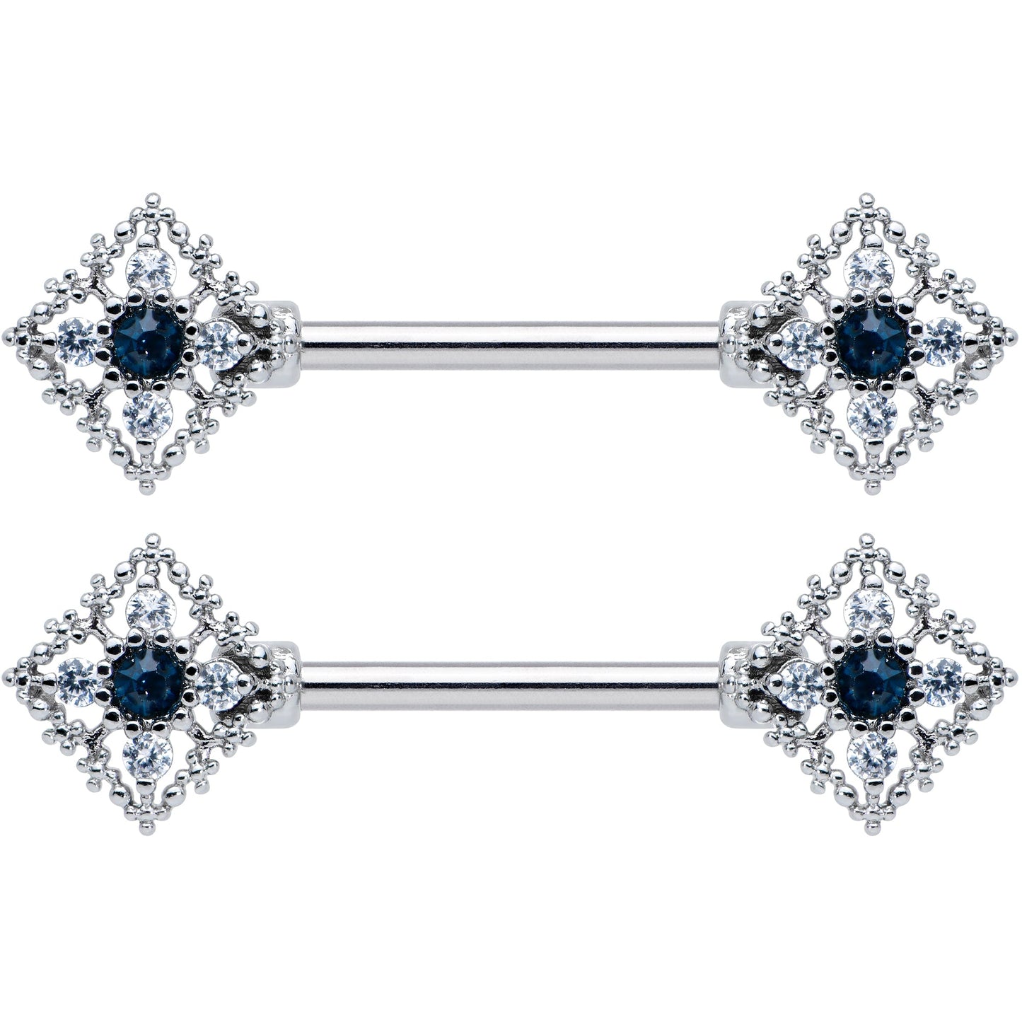 14 Gauge 9/16 Clear Blue Gem Textured Rhombus Cross Nipple Ring Set