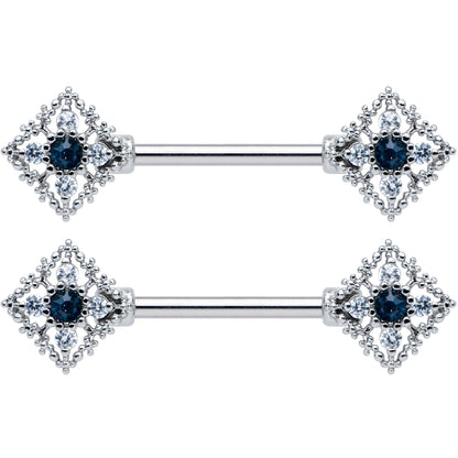 14 Gauge 9/16 Clear Blue Gem Textured Rhombus Cross Nipple Ring Set