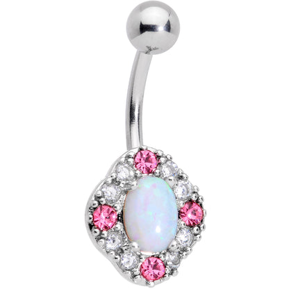 White Synthetic Opal Glam Oval Belly Ring