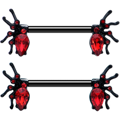 14 Gauge Red Gem Black Creep Spider Halloween Barbell Nipple Ring Set