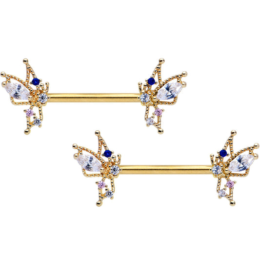 14 Gauge 9/16 Clear CZ Gem Gold Tone Christmas Angel Nipple Ring Set