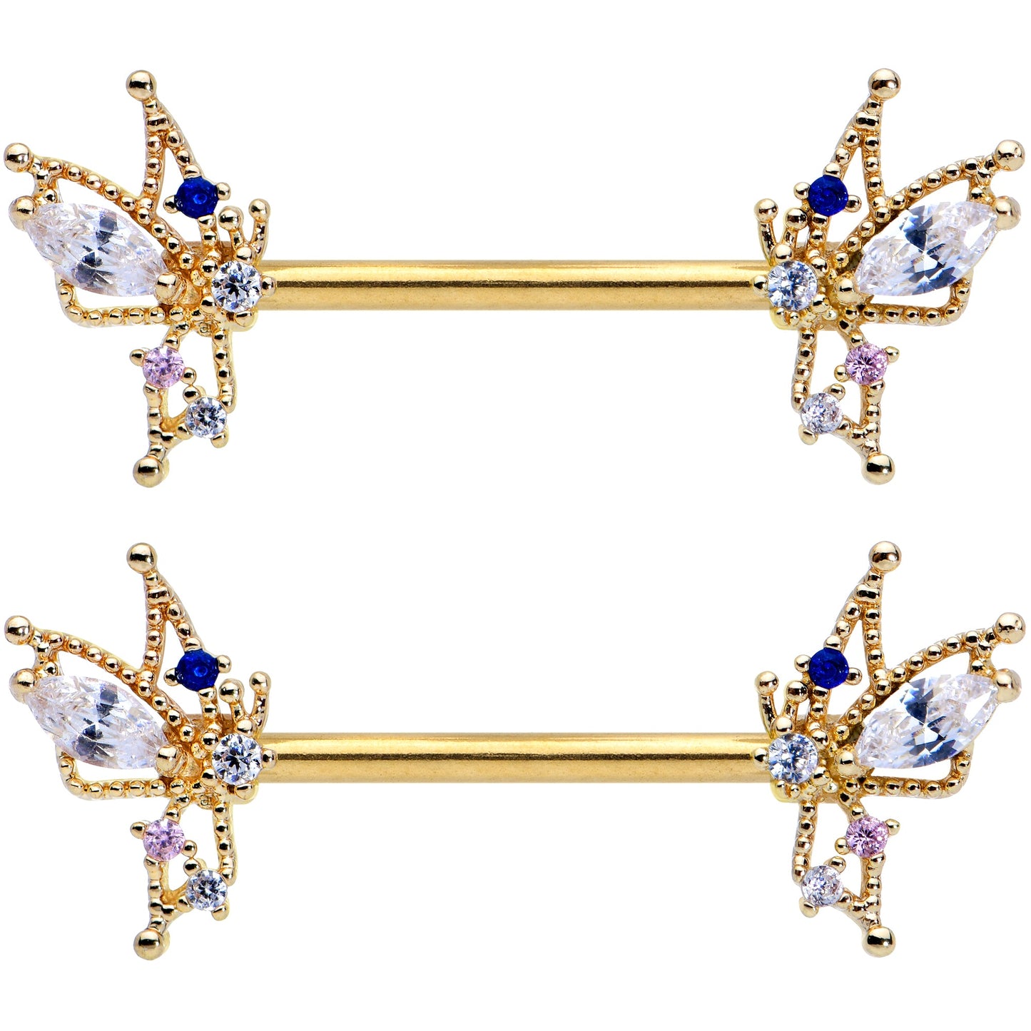 14 Gauge 9/16 Clear CZ Gem Gold Tone Christmas Angel Nipple Ring Set