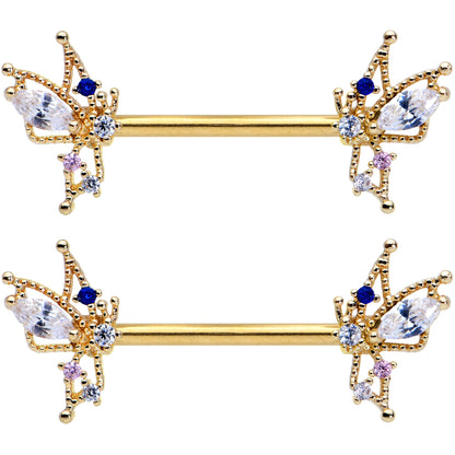 14 Gauge 9/16 Clear CZ Gem Gold Tone Christmas Angel Nipple Ring Set