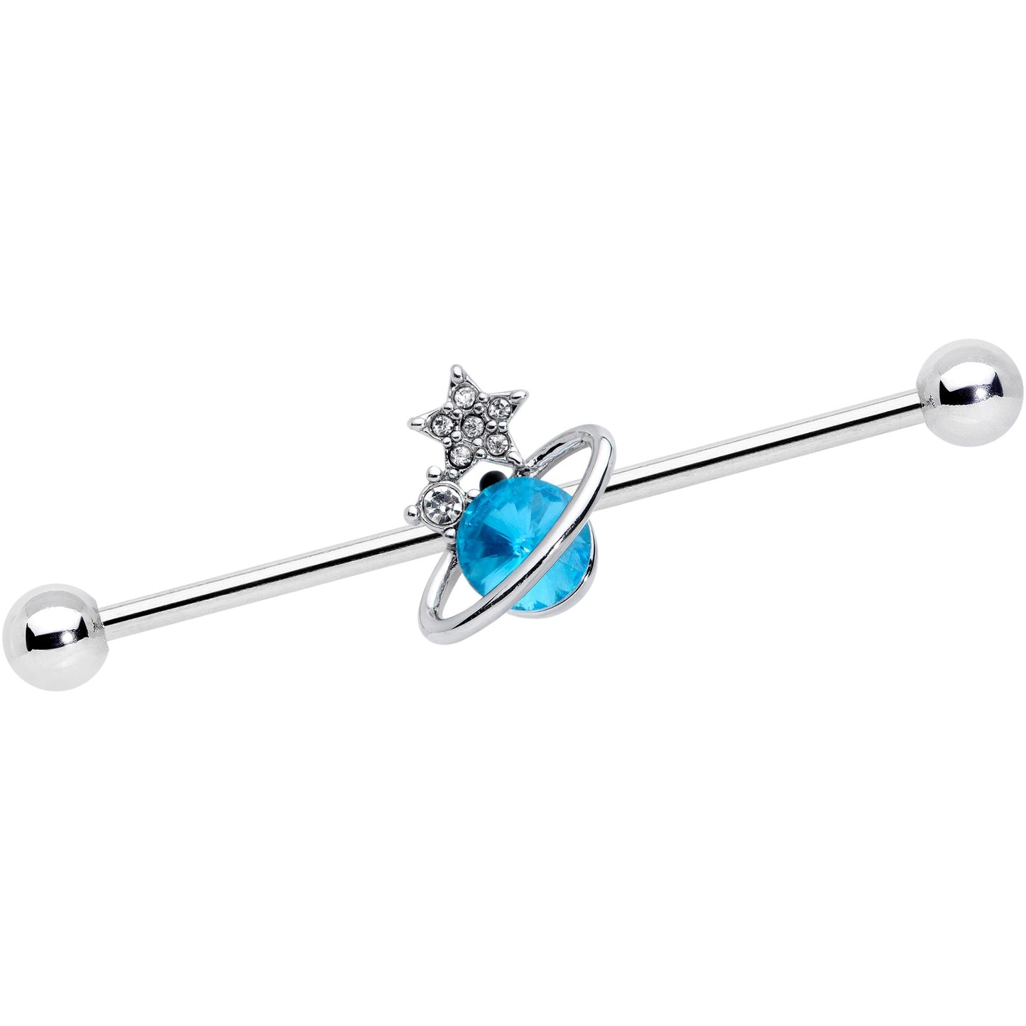 14 Gauge Clear Blue Gem Star Saturn Planet Industrial Barbell 38mm