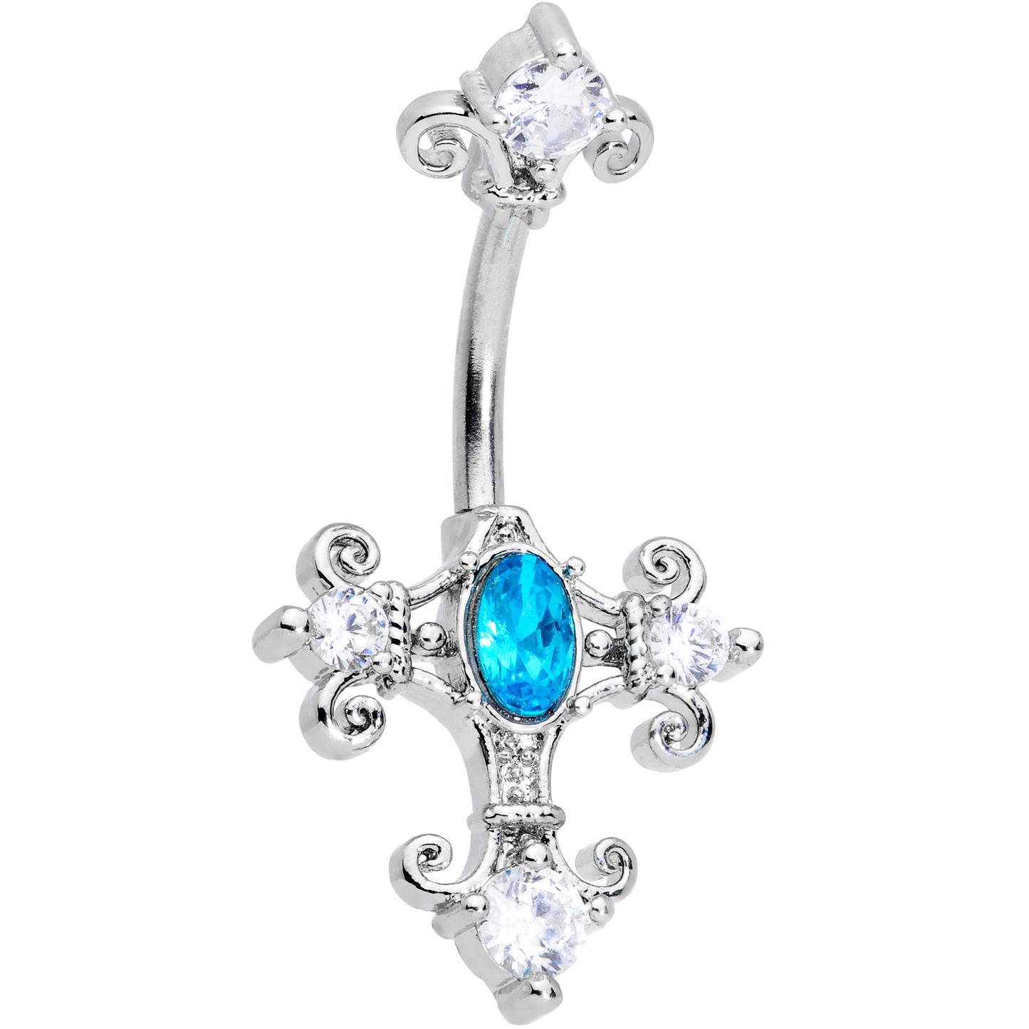 Clear Blue Gem Renaissance Cross Belly Ring