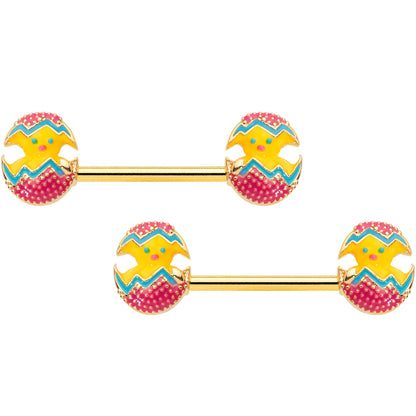 14 Gauge 9/16 Gold Tone Red Fancy Easter Chick Barbell Nipple Ring Set