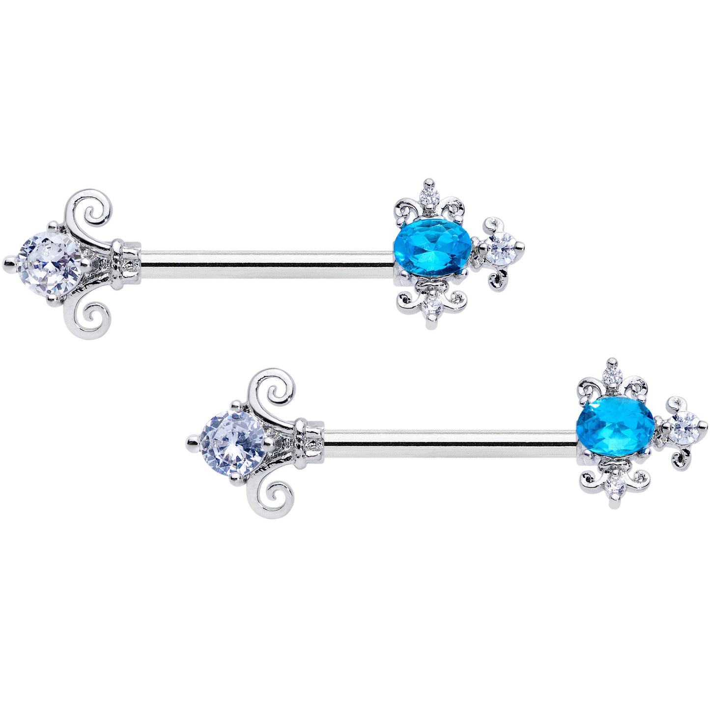 14 Gauge 9/16 Clear Blue Gem Renaissance Cross Barbell Nipple Ring Set