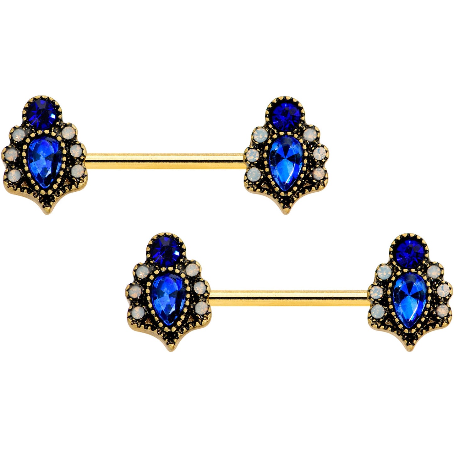 14 Gauge 9/16 Clear Blue Gem Gold Tone Heirloom Drop Nipple Ring Set